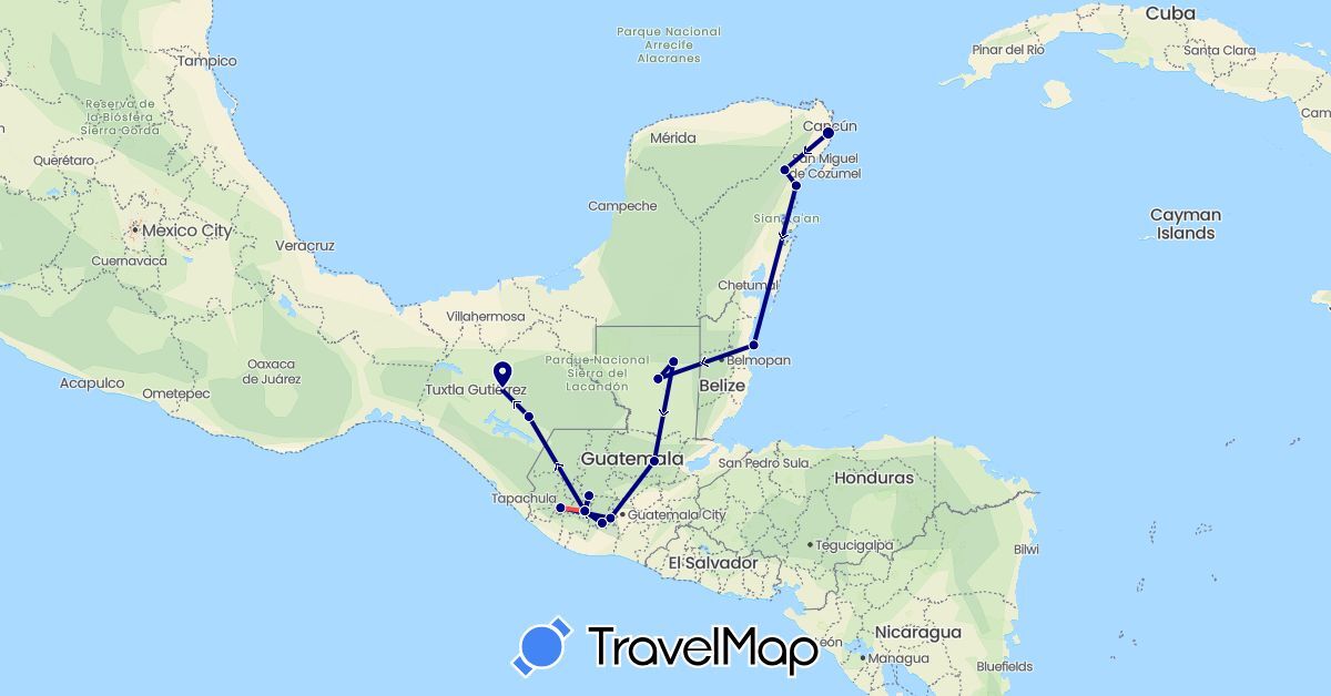 TravelMap itinerary: driving, hiking in Belize, Guatemala, Mexico (North America)